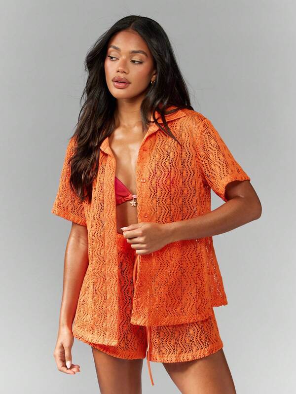 missguided MISSGUIDED Crochet Lace Cover Up Button Down Shirt And High Waist Shorts Set