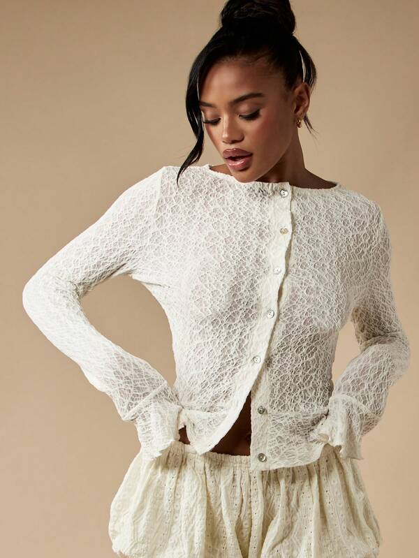 Missguided MISSGUIDED Crochet Lace Long Sleeve Peplum Button Up Cardigan
