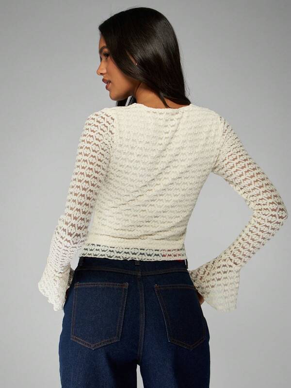 Missguided MISSGUIDED Crochet Lace Top With Bell Sleeves And Drawstring Waist