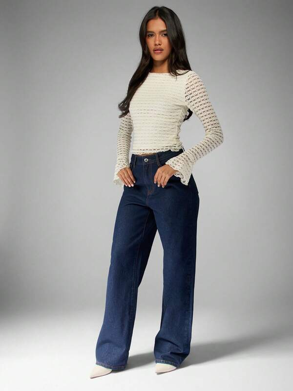Missguided MISSGUIDED Crochet Lace Top With Bell Sleeves And Drawstring Waist
