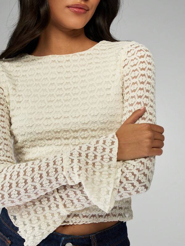 Missguided MISSGUIDED Crochet Lace Top With Bell Sleeves And Drawstring Waist