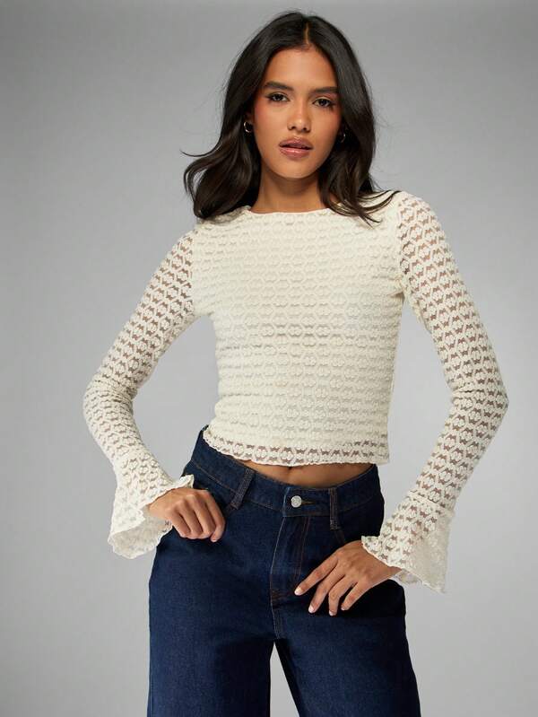missguided MISSGUIDED Crochet Lace Top With Bell Sleeves And Drawstring Waist