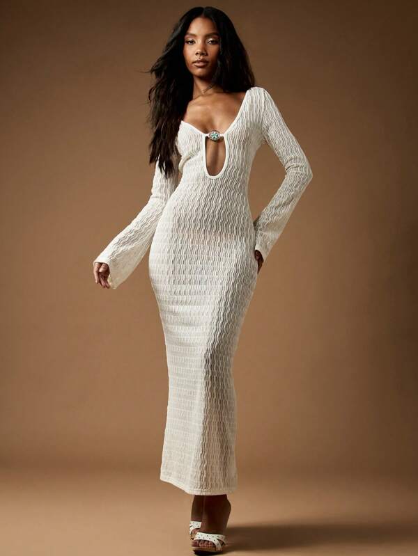 missguided MISSGUIDED Crochet Long Sleeve Bodycon Maxi Dress With Brooch