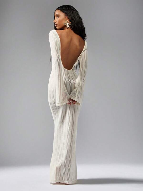 Missguided MISSGUIDED Crochet Maxi Dress Plunge Neckline Long Sleeve