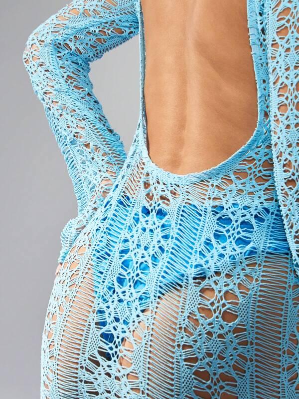 Missguided MISSGUIDED Crochet Sparkly Semi Sheer Long Sleeve Bodycon Mini Dress