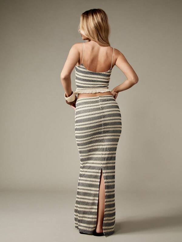 Missguided MISSGUIDED Crochet Stripe Crop Top And Maxi Skirt With Fringe