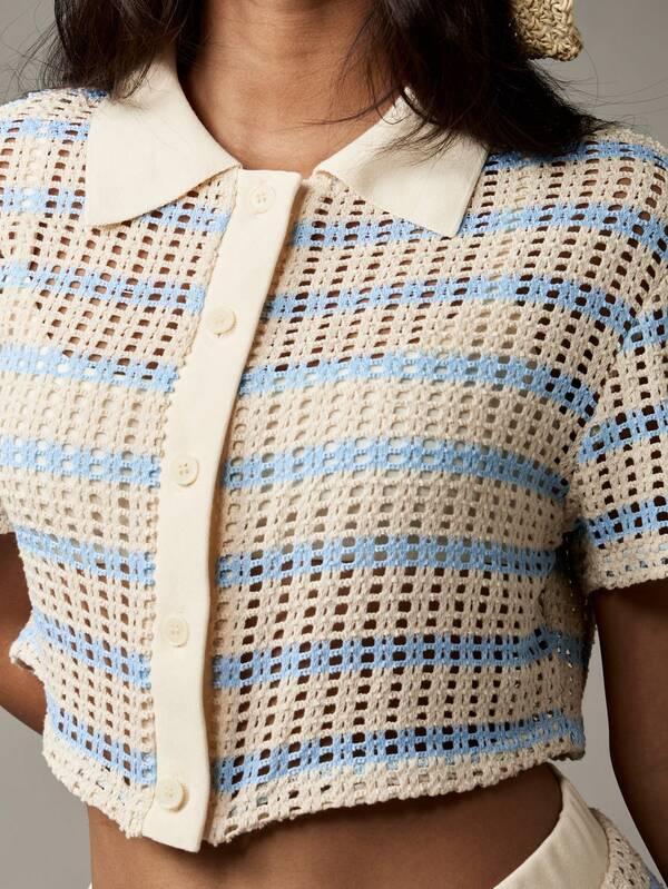 Missguided MISSGUIDED Crochet Stripe Polo Collar Top With Matching Shorts