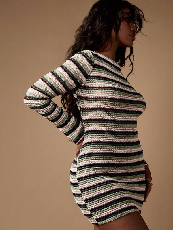 Missguided MISSGUIDED Crochet Striped Backless Long Sleeve Stretch Knit Mini Dress