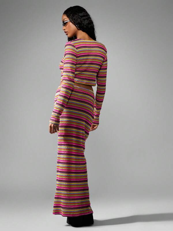 Missguided MISSGUIDED Crochet Striped Knit Long Sleeve Crop Top Skirt Two-Piece Outfit