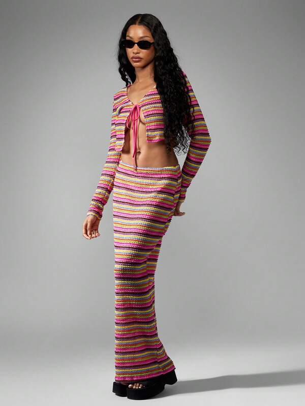 Missguided MISSGUIDED Crochet Striped Knit Long Sleeve Crop Top Skirt Two-Piece Outfit