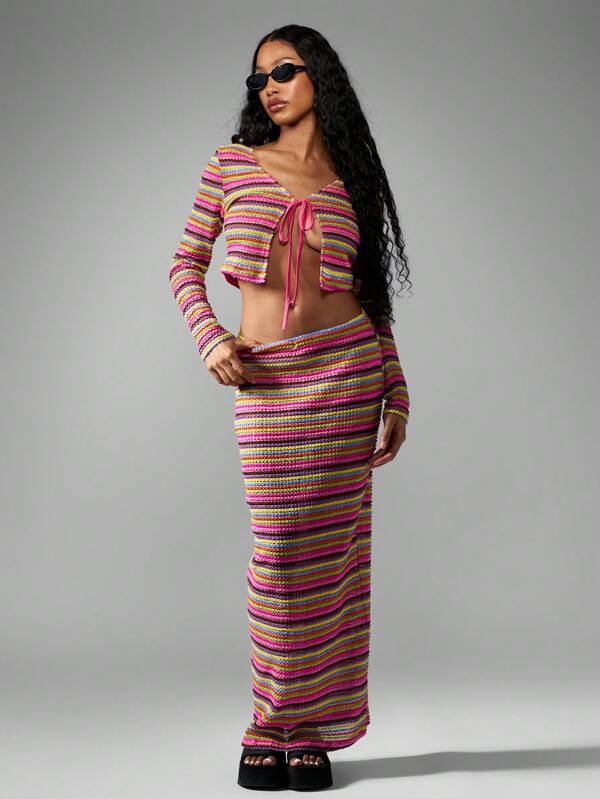 missguided MISSGUIDED Crochet Striped Knit Long Sleeve Crop Top Skirt Two-Piece Outfit
