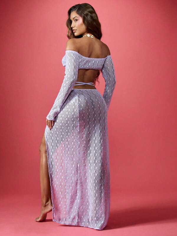 Missguided MISSGUIDED Crochet Twist Front Long Sleeve Maxi Skirt Co-Ord Set
