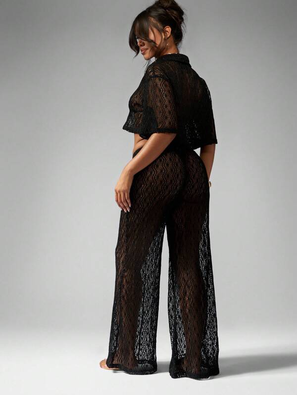 Missguided MISSGUIDED Crochet Two-Piece Outfit With Wide Leg Pants And Button Up Shirt