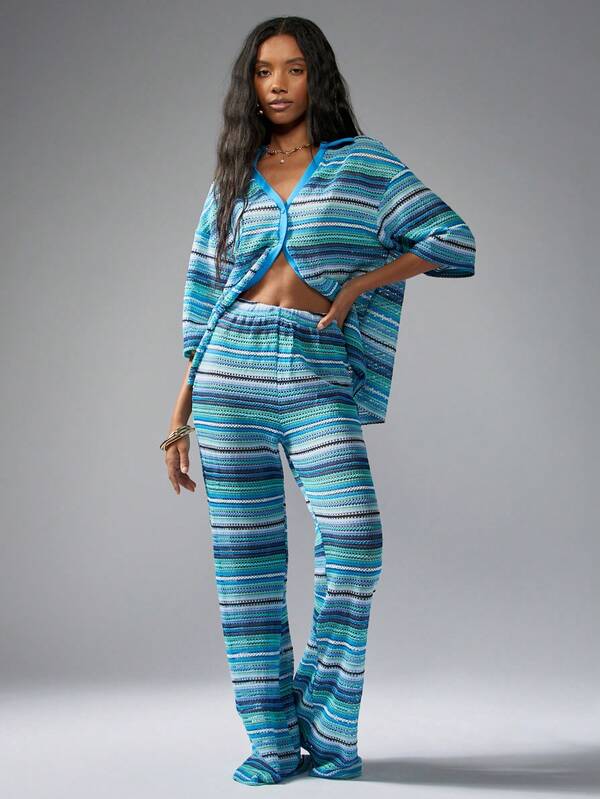 Missguided MISSGUIDED Crochet Wide Leg Button-Up Two-Piece Set