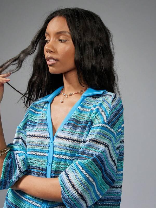 Missguided MISSGUIDED Crochet Wide Leg Button-Up Two-Piece Set