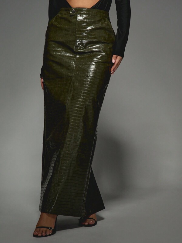 missguided MISSGUIDED Crocodile Embossed Faux Leather Maxi Skirt