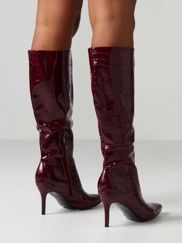 Missguided MISSGUIDED Crocodile Embossed Knee High Boots With Stiletto Heels