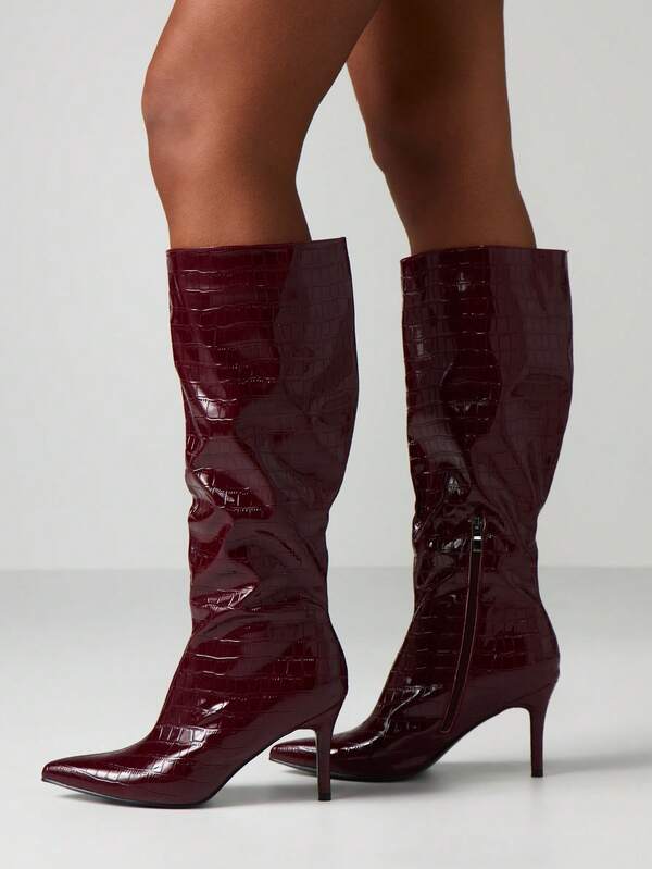 Missguided MISSGUIDED Crocodile Embossed Knee High Boots With Stiletto Heels