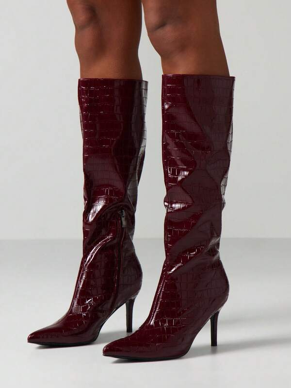 missguided MISSGUIDED Crocodile Embossed Knee High Boots With Stiletto Heels