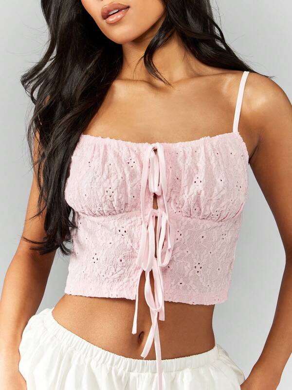 Missguided MISSGUIDED Crop Broderie Anglaise Tie Front Cami Top