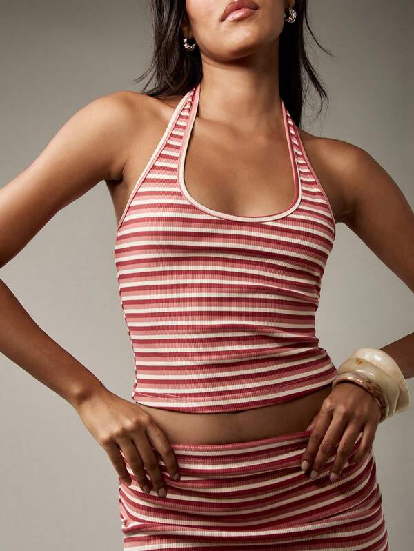 Missguided MISSGUIDED Crop Halter Neck Mini Ribbed Striped Two Piece Outfit