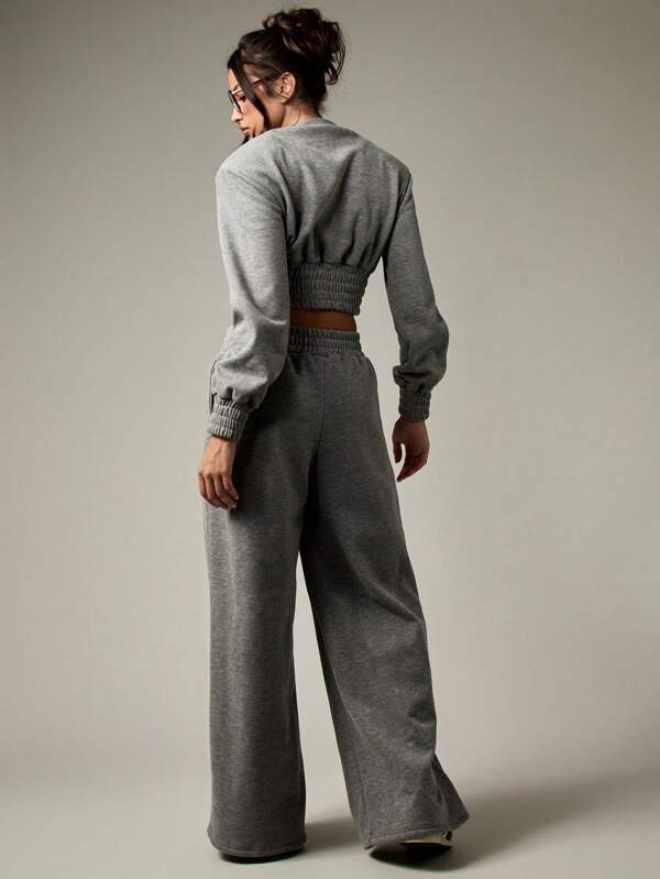 Missguided MISSGUIDED Crop Sweatshirt With Smocked Waist And Wide Leg Pants