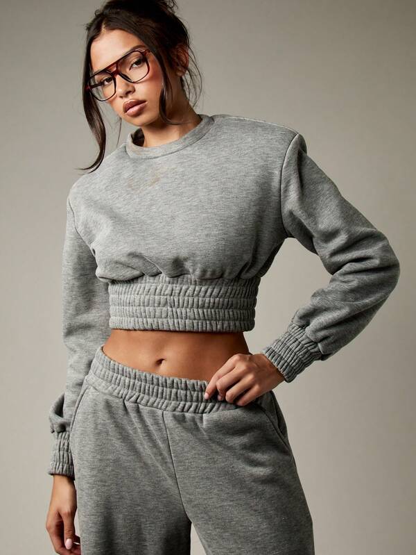 Missguided MISSGUIDED Crop Sweatshirt With Smocked Waist And Wide Leg Pants