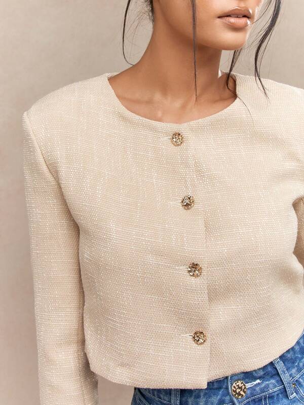 Missguided MISSGUIDED Crop Textured Blazer With Gold Buttons