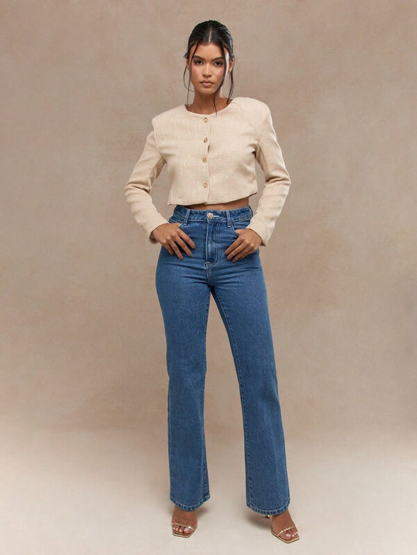Missguided MISSGUIDED Crop Textured Blazer With Gold Buttons