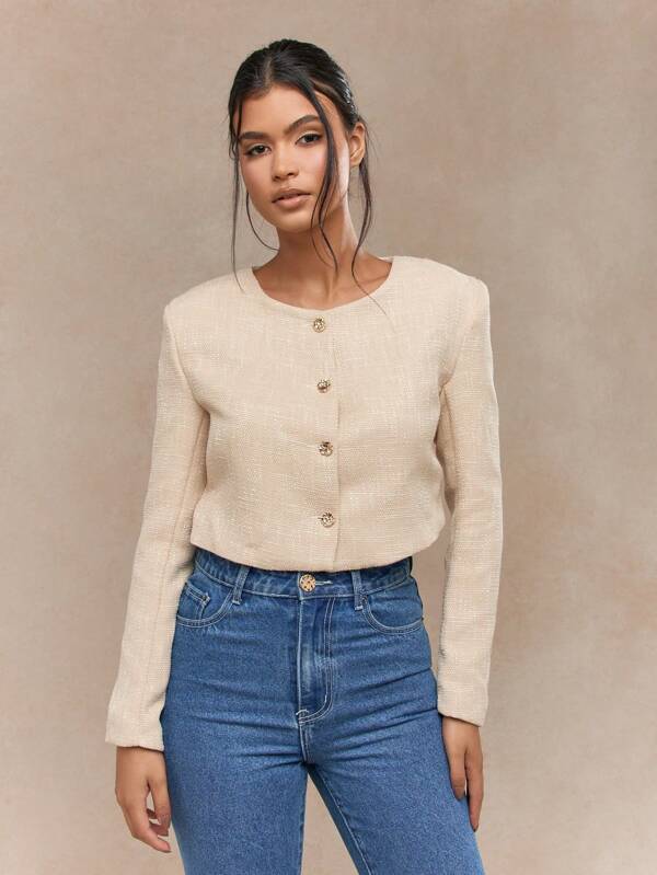 missguided MISSGUIDED Crop Textured Blazer With Gold Buttons