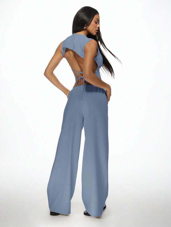 Missguided MISSGUIDED Crop Top Wide Leg Pants Two Piece Set Luxe Feel Backless