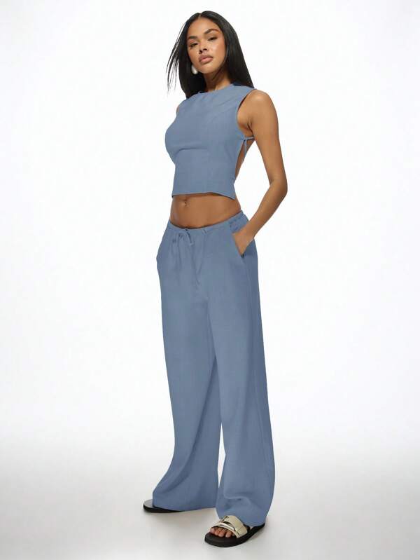 missguided MISSGUIDED Crop Top Wide Leg Pants Two Piece Set Luxe Feel Backless