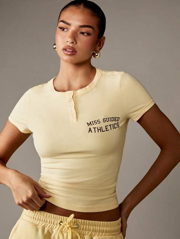 Missguided MISSGUIDED Cropped Baby T Shirt With Button Front And Varsity Text