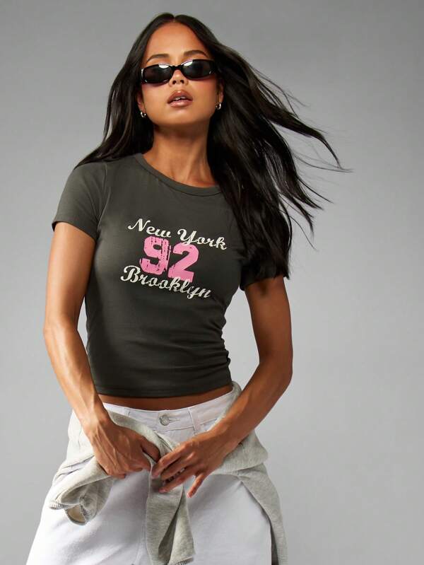 missguided MISSGUIDED Cropped Baby Tee With Brooklyn Print And Varsity Numbers