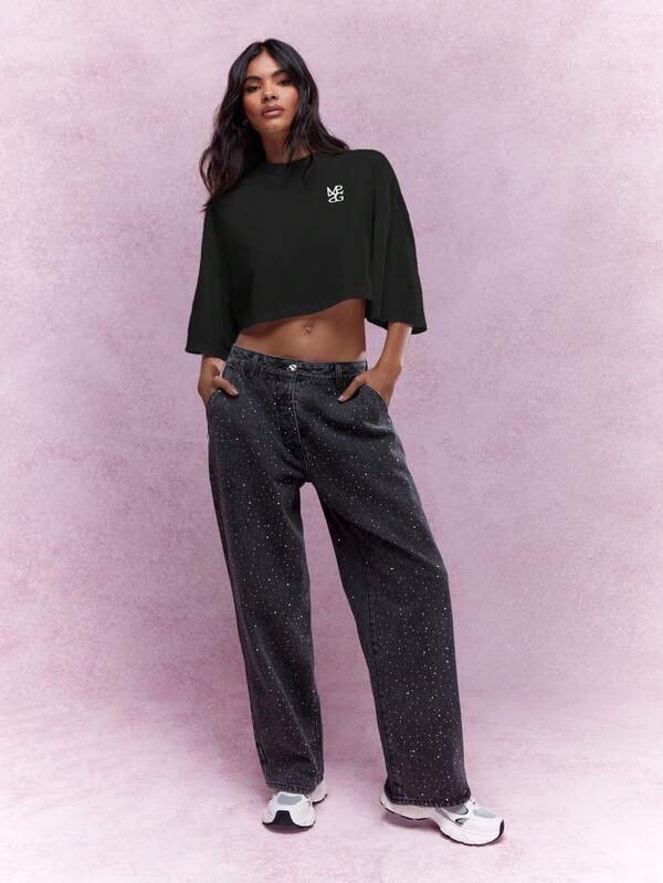 Missguided MISSGUIDED Cropped Boxy Top With Drop Shoulder And Logo Detail