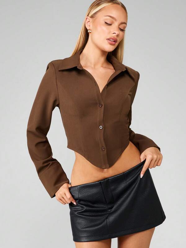 Missguided MISSGUIDED Cropped Button Down Collared Shirt With Shaped Hem