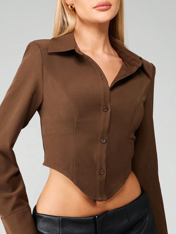 missguided MISSGUIDED Cropped Button Down Collared Shirt With Shaped Hem