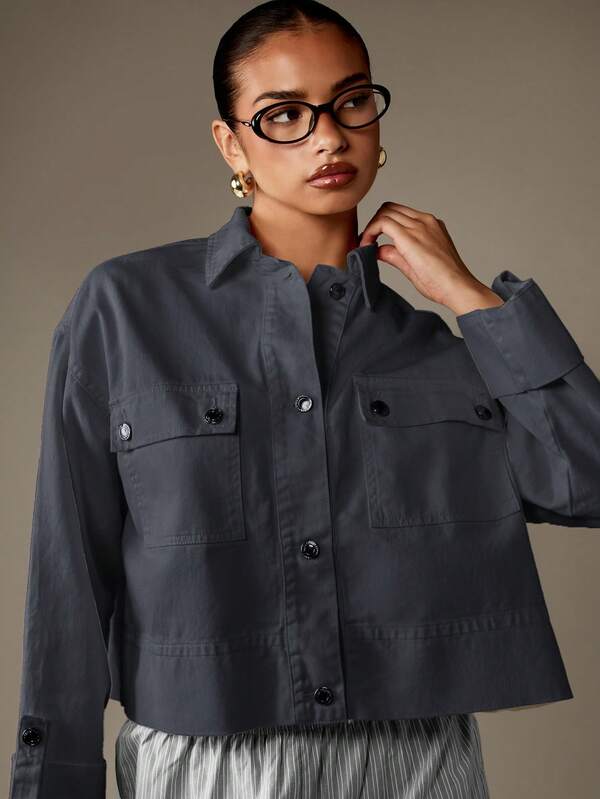 Missguided MISSGUIDED Cropped Button Front Denim Shirt With Chest Pockets
