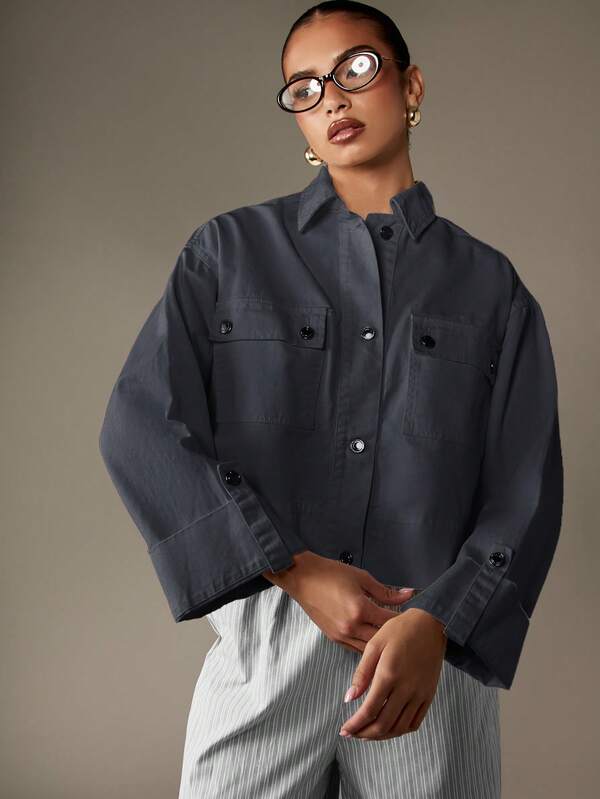 missguided MISSGUIDED Cropped Button Front Denim Shirt With Chest Pockets