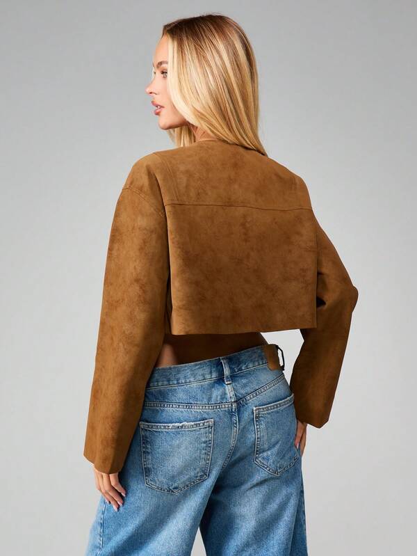 Missguided MISSGUIDED Cropped Button Front Suede Jacket