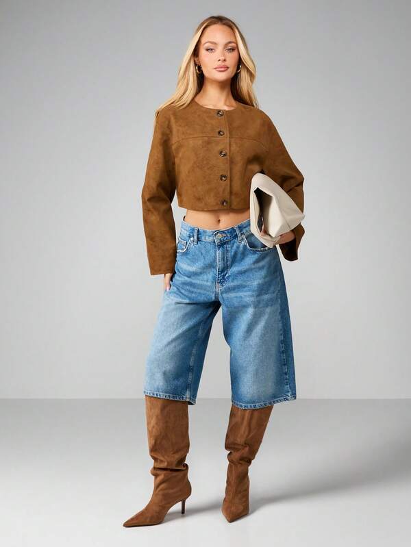 Missguided MISSGUIDED Cropped Button Front Suede Jacket