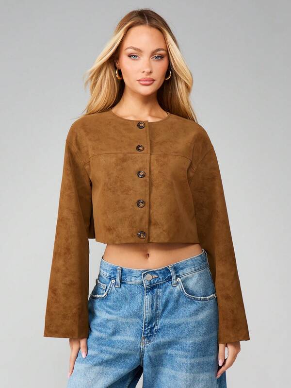 Missguided MISSGUIDED Cropped Button Front Suede Jacket