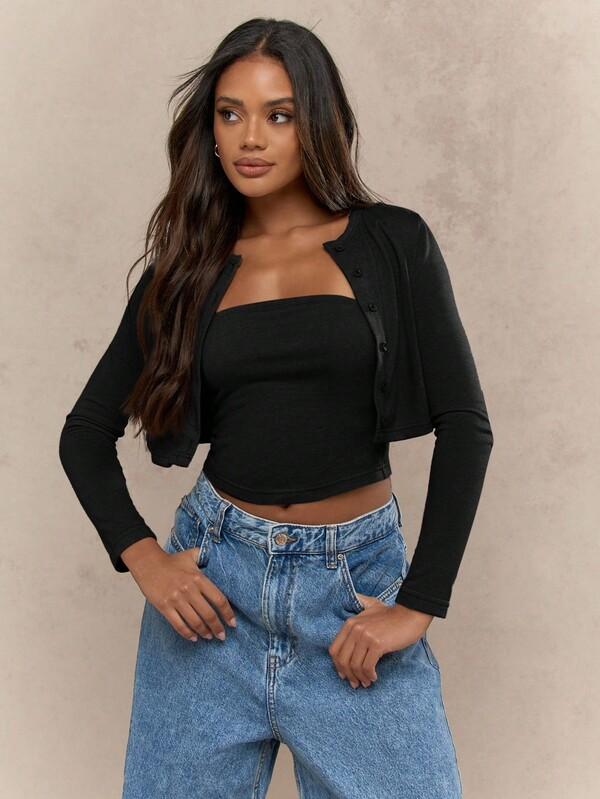 missguided MISSGUIDED Cropped Button Up Cardigan With Tube Top Set