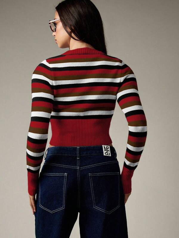 Missguided MISSGUIDED Cropped Button Up Striped Knit Cardigan With Ribbed Trim