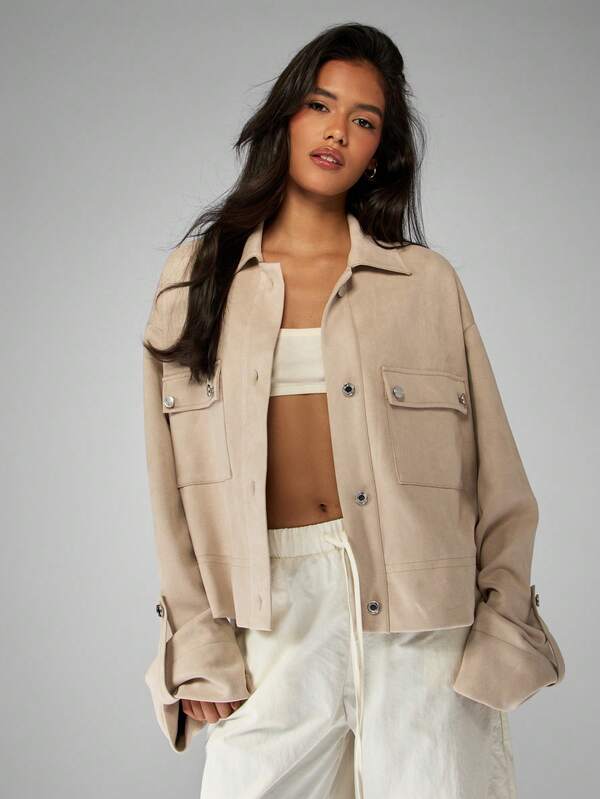 missguided MISSGUIDED Cropped Canvas Utility Jacket With Button Closure