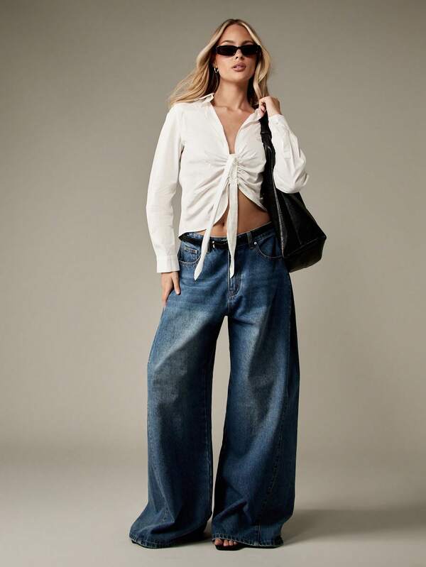 Missguided MISSGUIDED Cropped Collared Blouse With Front Tie Detail