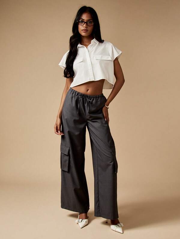 Missguided MISSGUIDED Cropped Collared Button Down Shirt With Patch Pockets
