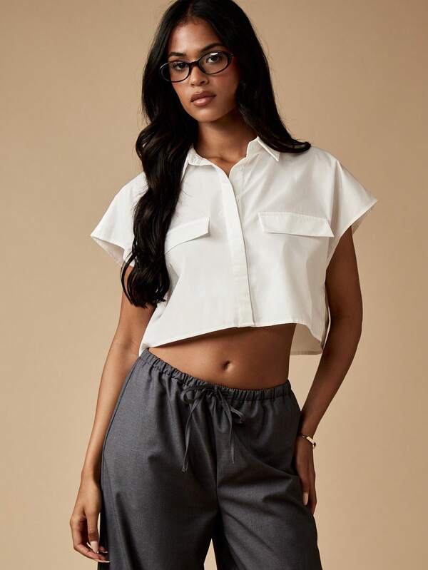Missguided MISSGUIDED Cropped Collared Button Down Shirt With Patch Pockets