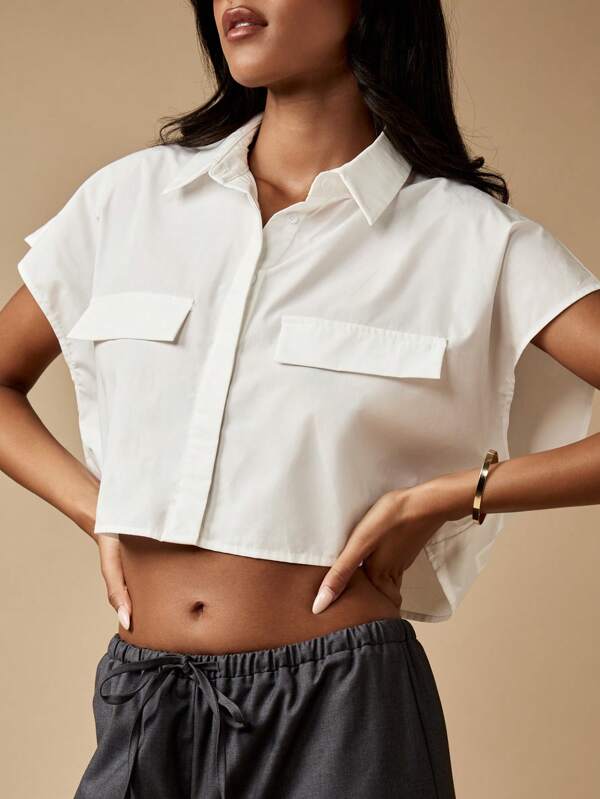 missguided MISSGUIDED Cropped Collared Button Down Shirt With Patch Pockets