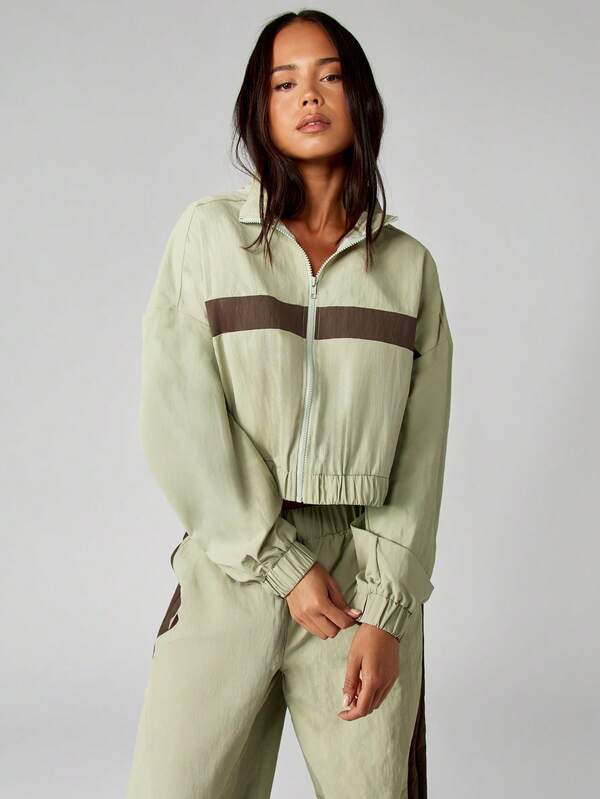 Missguided MISSGUIDED Cropped Color Block Track Jacket With Elastic Waist And Stand Collar